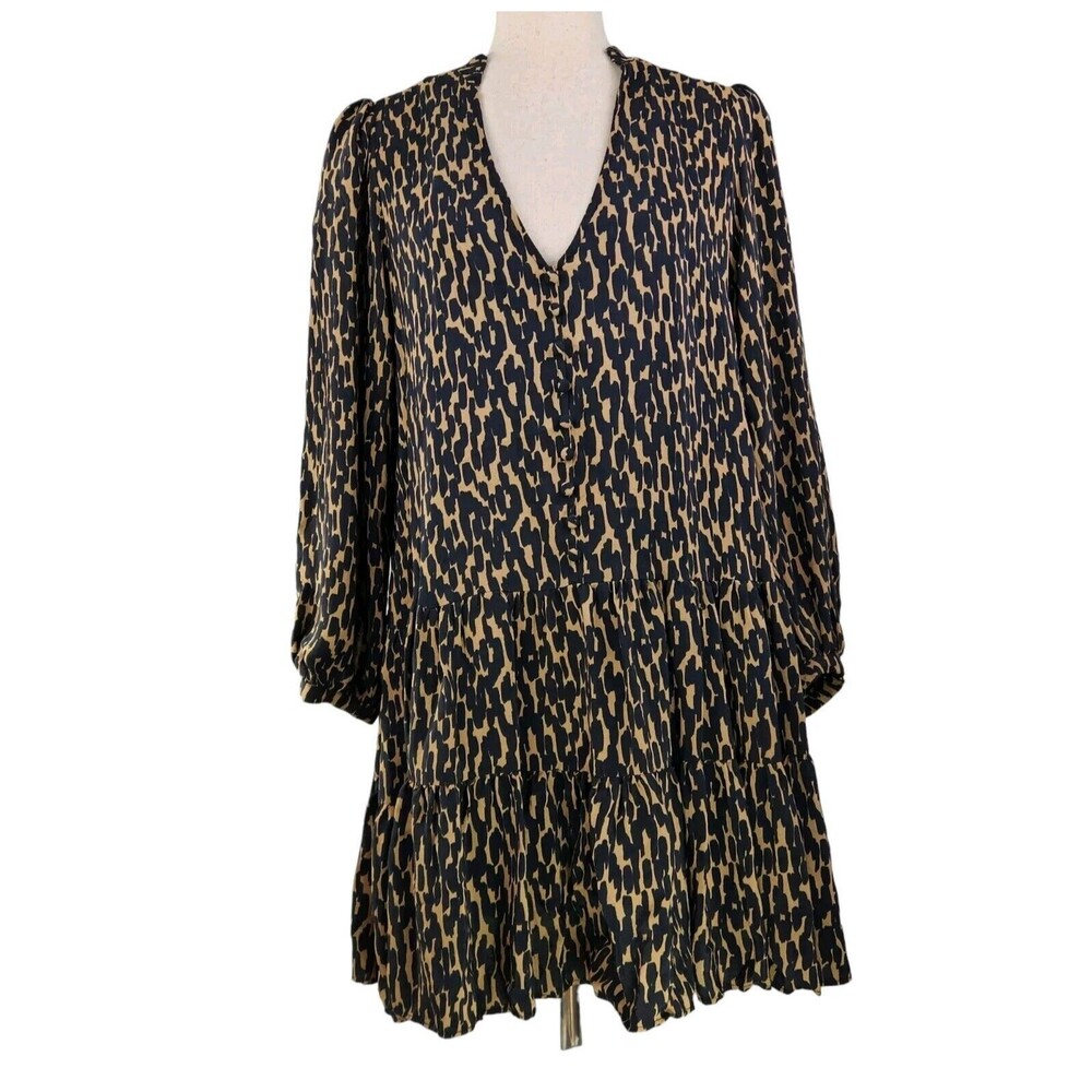 Zara Dress Size Small Drop Waist Tiered Babydoll Black Abstract Print‎ Boho
